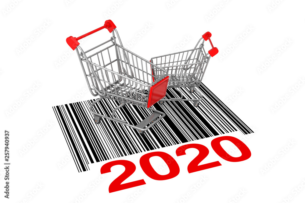 Aufkleber Two Empty Shopping Carts over Abstract Bar Code with New 2020 Year Sign. 3d Rendering