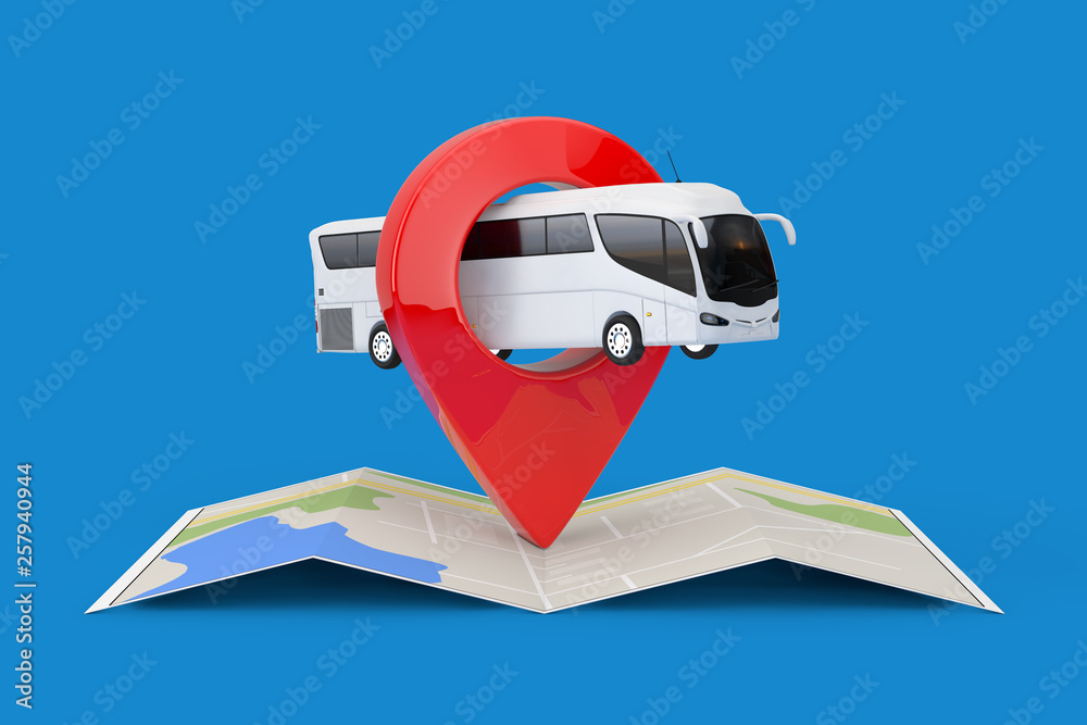 Poster big white coach tour bus over folded abstract navigation map with target pin pointer. 3d rendering