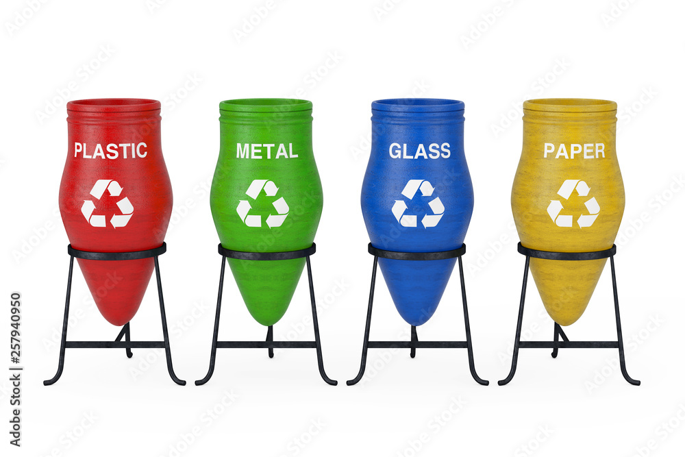 Aufkleber Colorful Clay Trash Bin Pots with Recycle Sign and Sorting Waste. 3d Rendering