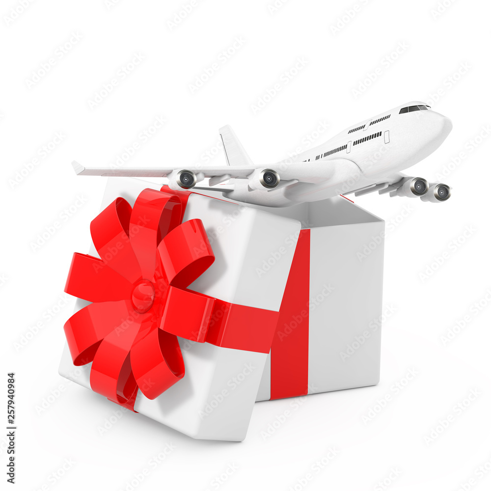 Poster white jet passengers airplane fly out of the gift box with red ribbon and bow. 3d rendering