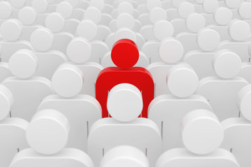 Leader Concept. One Red Man Person in Crowd of Plain People. 3d Rendering