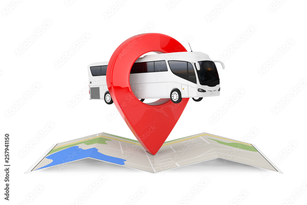 Leinwandbilder Big White Coach Tour Bus  over Folded Abstract Navigation Map with Target Pin Pointer. 3d Rendering