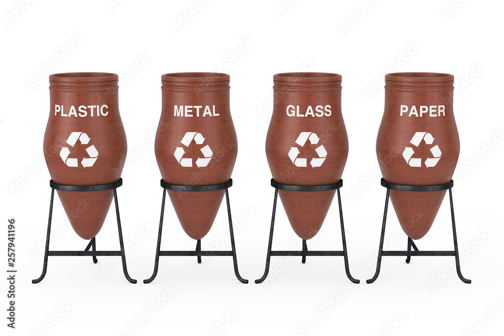 Poster Clay Trash Bin Pots with Recycle Sign and Sorting Waste. 3d Rendering