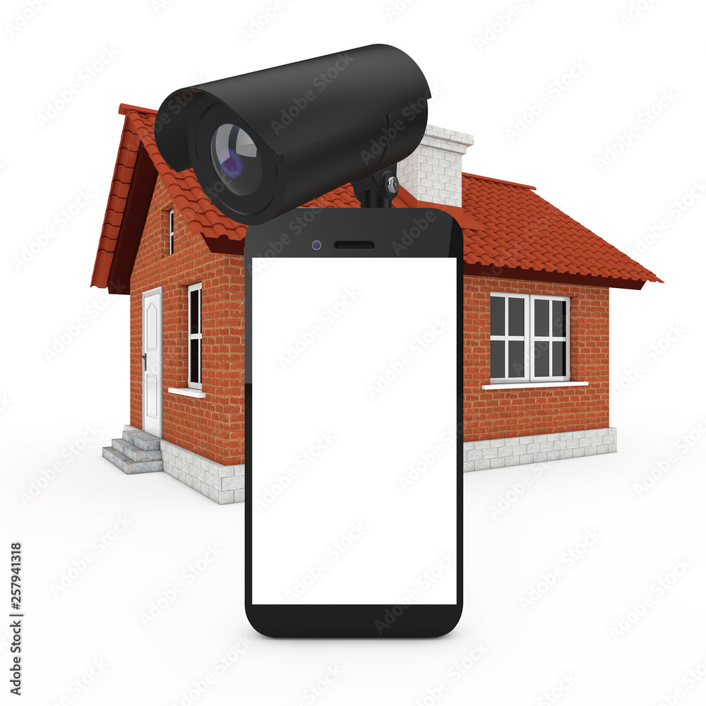 Fototapete home security concept. mobile phone with blank screen and security camera in front of house building