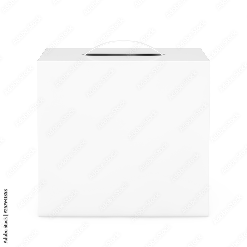 Aufkleber blank white cardboard box mockup with plastic handle. 3d rendering