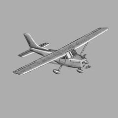 Small plane vector sketch. Hand drawn single engine propelled aircraft. Air tours wehicle.