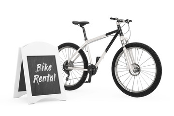 Outdoor Blackboard Bike Rental Display near Black and White Mountain Bike. 3d Rendering