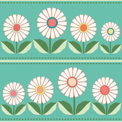 White, orange, yellow floral folk pattern. Seamless vector pattern with horizontal striped stitch on blue background. Great for spa, garden, organic products, home decor, packaging, stationery.