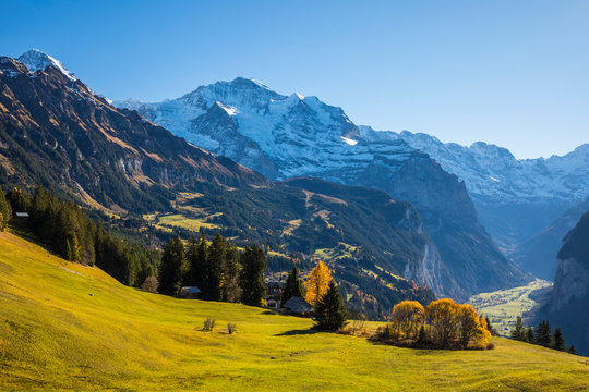 Scenic view of Jungfrau mountain with Wengen village 
