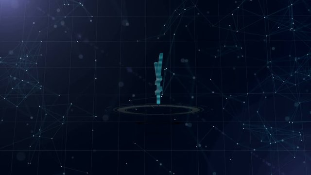 3d Japanese yen sign. Space blue cyberspace backdrop with internet connections. Euro currency is on one virtual glowing circle, two appears next. Ventral view. 4K.