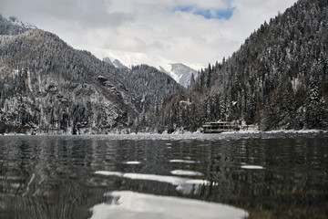 Snowy winter on Lake Ritsa, Abkhazia