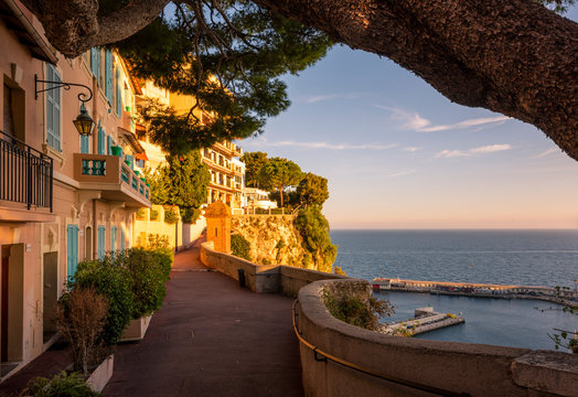 Pathway by houses at sunset, Rock of Monaco
