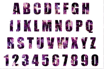 Latin alphabet letters and numbers. Font with background of amethyst