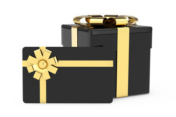 Black Cardoard Gift Box, Black Gift Card with Golden Ribbon and Bow. 3d Rendering