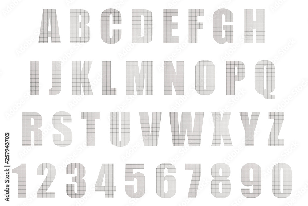 Fototapete latin alphabet letters and numbers. font with background of squared paper