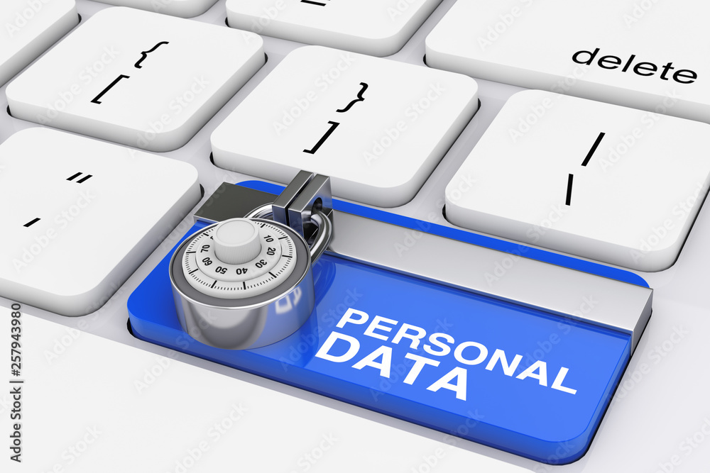 Poster Personal Data Protection Concept. Padlock over Computer Keyboard with Blue Locked Personal Data Key. 3d Rendering