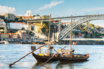 Vessels with the barrels of port on Douro River. Porto, Portugal.