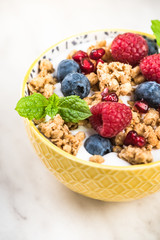 Bowl of homemade granola with yogurt and fresh berries