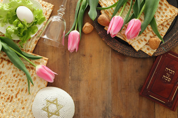 Pesah celebration concept (jewish Passover holiday). Traditional book with text in hebrew: Passover Haggadah (Passover Tale)
