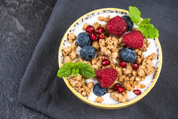 Hmemade healthy brunch or breakfast bowl, top view