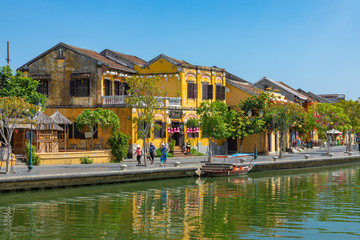 Hoian Ancient town houses. Colourful buildings with festive silk lanterns. UNESCO heritage site. Vietnam.