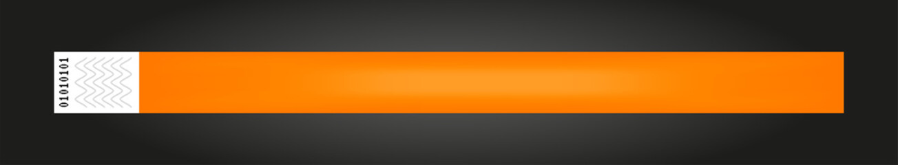 Vector luminous neon orange cheap empty bracelet or wristband. Sticky hand entrance event paper bracelet isolated on black. Template or mock up suitable for various uses of identification.