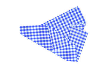 Closeup of a blue and white checkered napkin or tablecloth isolated on white background. Kitchen accessories.