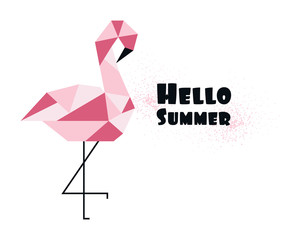 Beautiful flamingo illustration in geometric style with lettering. Hello Summer poster. Minimal summer poster. Vector illustration. Eps 10
