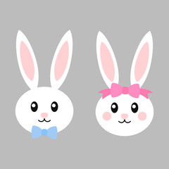 Happy easter bunnies with bows - vector illustration. Cute bunny girl and boy. White rabbit isolated. Cartoon