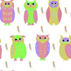 seamless pattern of funny owls and feathers