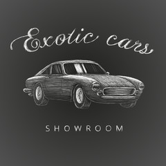 Fototapeta premium Exotic cars showroom hand drawn logo. Car dealership vector illustration logo. Chalk style