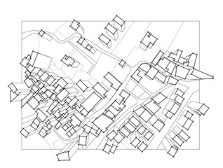 Imaginary cadastral map of territory with 3D buildings, fields, roads and land parcel of a residential district