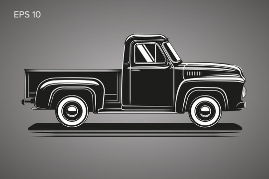 Old retro pickup truck vector illustration. Vintage transport vehicle