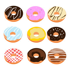Set of tasty donuts isolated on white. Vector .