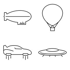 Simple set of transport vector thin line icons. Futuristic flying car machine UFO ballon airplane and airship