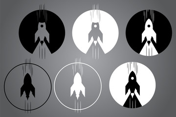 Black and white logo design. Creative icon with rocket. Vector illustration. Modern noir style.