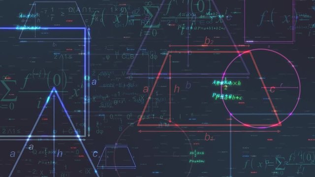 geometric shapes and formulas, abstract animation (3d render)