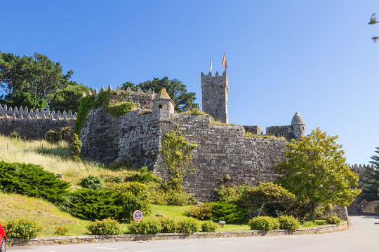 Baiona, Spain. Bastion and Clock Tower Reloch Monterreal Fortress, XI - XVII centuries. The fortress is included in the list of the most picturesque historical buildings of UNESCO