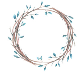 Fototapeta na wymiar illustration with a watercolor decorative wreath from branches and blue leaves