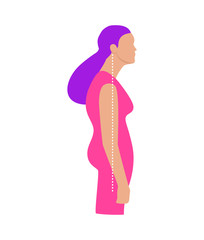 Vector colorful flat illustration. Neck exercises by girl for relax. Work with back. Uncorrect slouching posture. Creative concept. Pink and purple colors. White background