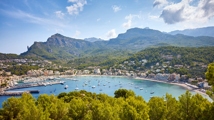 Panoramic view of Port de Soller, Mallorca, Spain.