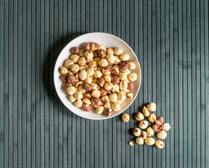 Healthy food  for background image close up hazelnuts.  Nuts texture on top view on the cup plate