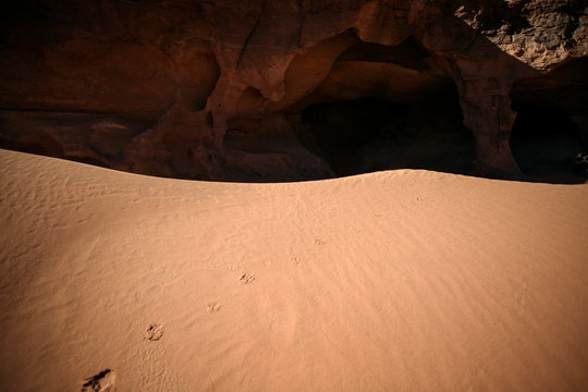 Arid desert landscape with sandstone cave, rippled sand, and faint footprints