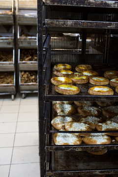 Freshly Baked Goods on Industrial Bakery Rack