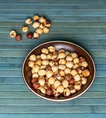 Healthy food  for background image close up hazelnuts.  Nuts texture on top view on the cup plate