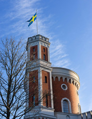 Swedish flag on building In Stockholm, Sweden