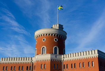 Swedish flag on building In Stockholm, Sweden