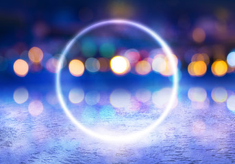 Background of empty stage, room. Reflection on wet pavement, concrete. Neon blurry lights. Neon circle figure in the center, smoke