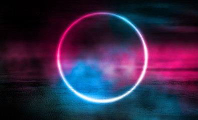 Background of empty stage, room. Reflection on wet pavement, concrete. Neon blurry lights. Neon circle figure in the center, smoke