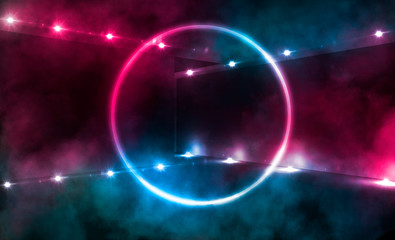 Background of empty stage, room. Reflection on wet pavement, concrete. Neon blurry lights. Neon circle figure in the center, smoke